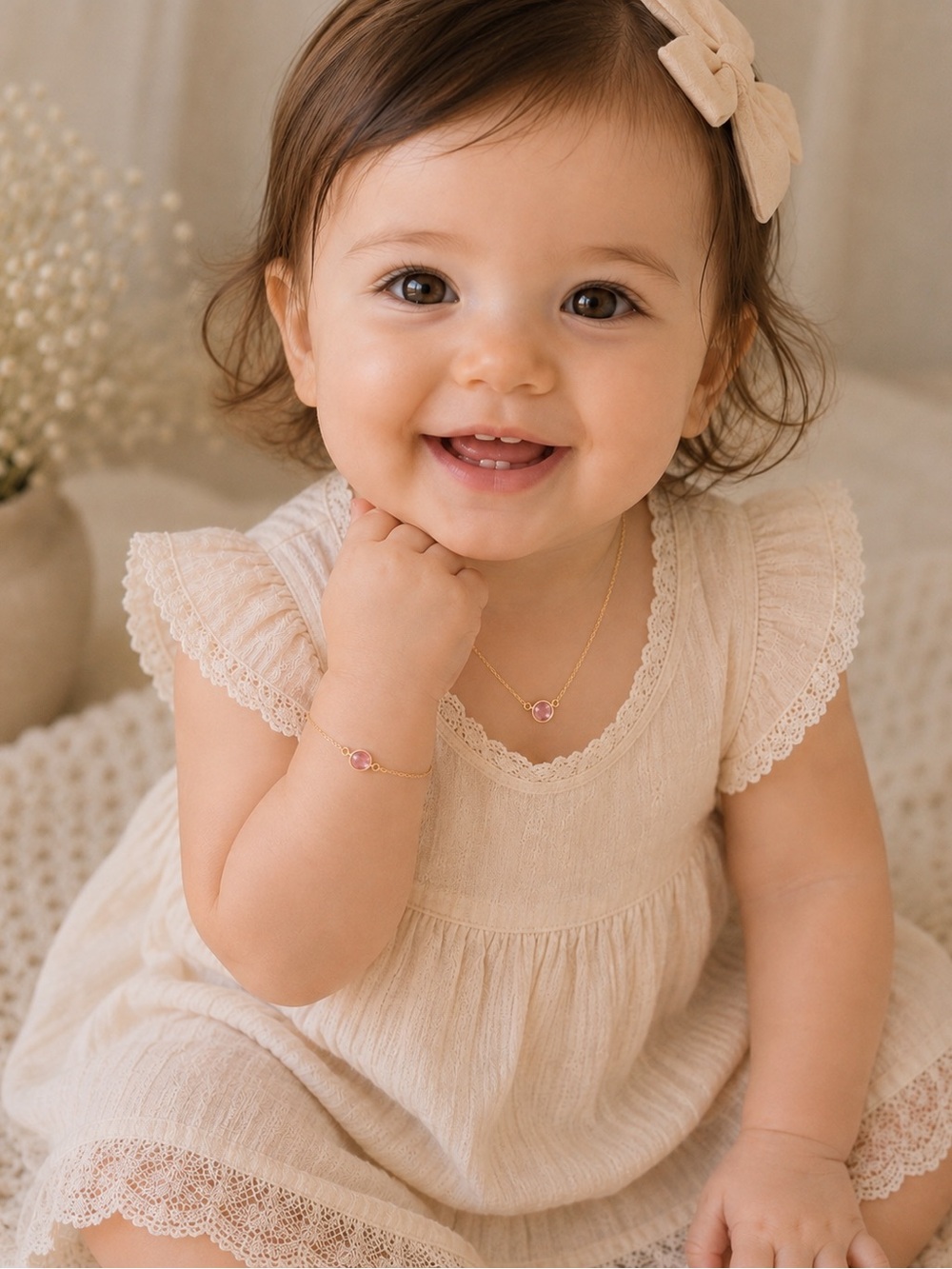 Handmade Pink Tourmaline Baby Girl Necklace & Bracelet Set Gold Filled